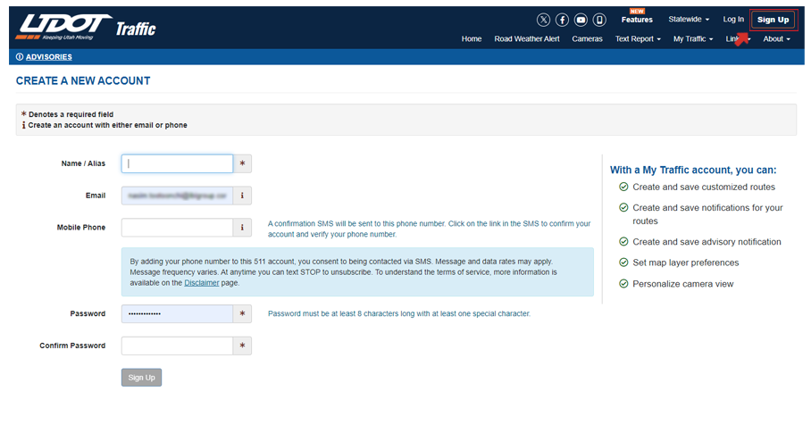 Signing up with UDOT Traffic